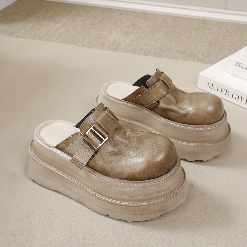 Washed Leather Outdoor Toe-Cap Thick Sole Platform Birkenstock-Style Sandals