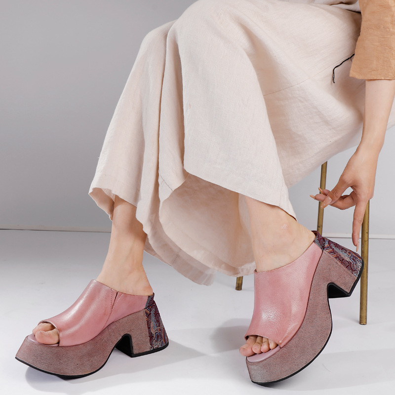 Women's Chinese Style Wedge Sole Platform Genuine Leather Embroidered Sandals