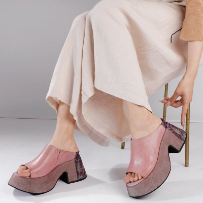 Women's Chinese Style Wedge Sole Platform Genuine Leather Embroidered Sandals 01