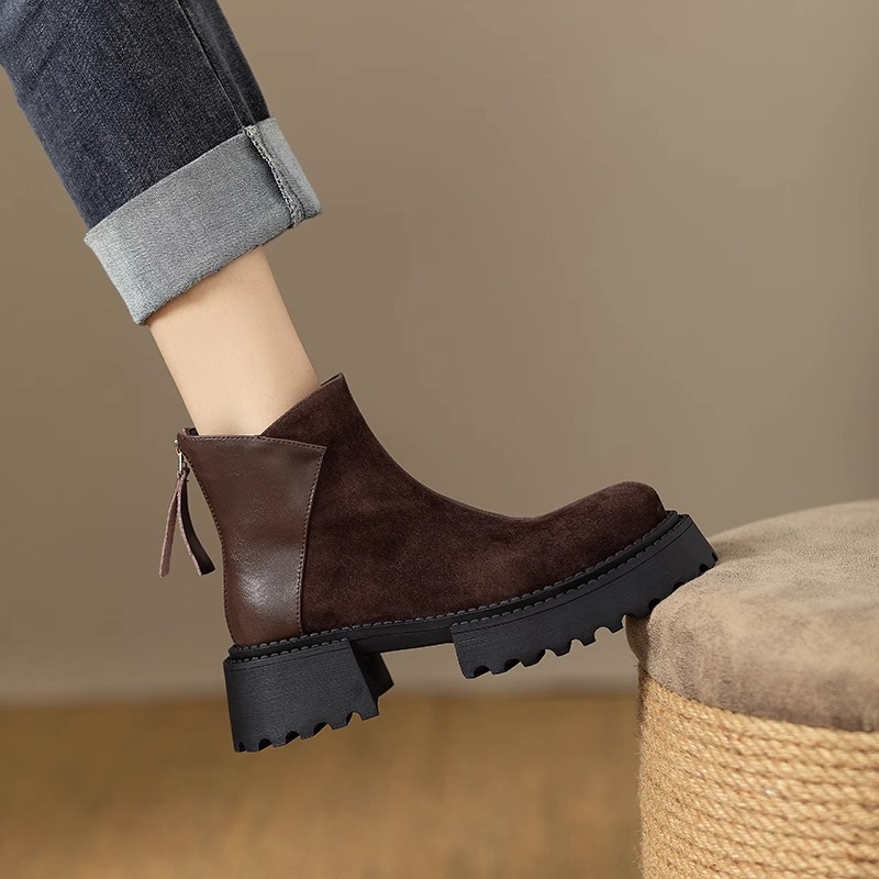 Brown Vintage Round Toe Genuine Leather Platform Ankle Boots for Women