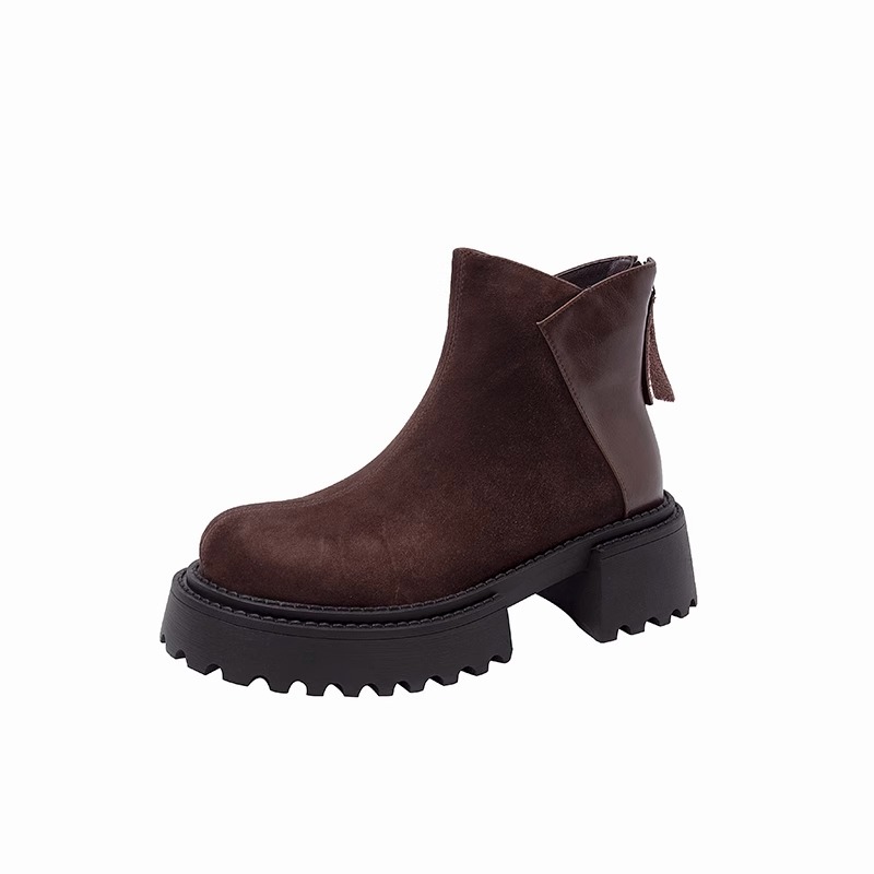 Brown Vintage Round Toe Genuine Leather Platform Ankle Boots for Women