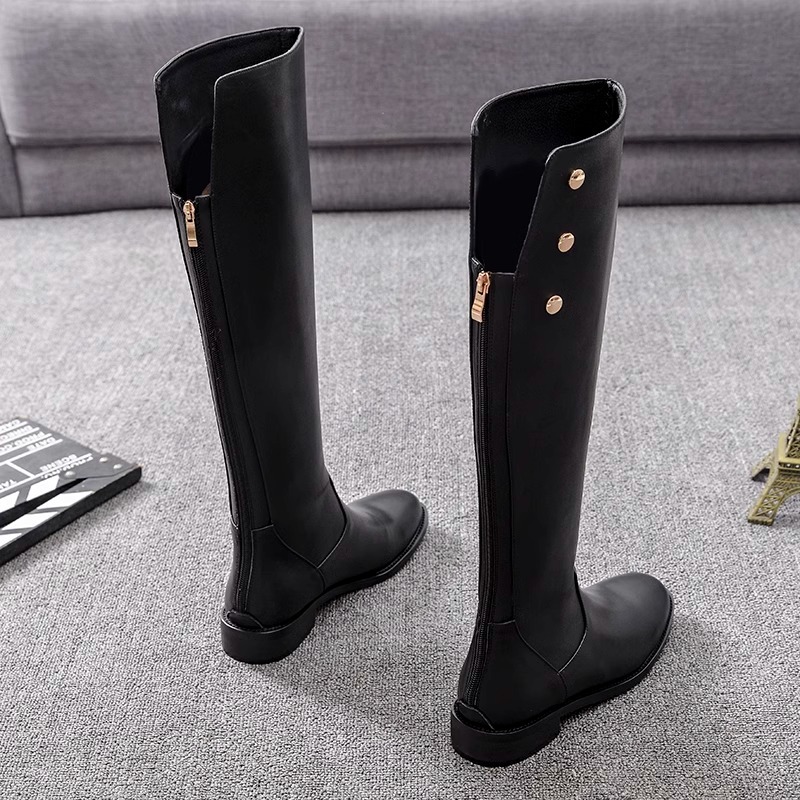 Women's Genuine Leather Punk Rivet Chunky Heel Knee High Boots with Zipper and Buckle Detail – Round Toe Biker Style