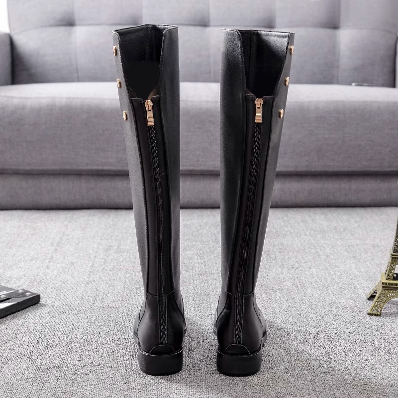 Women's Genuine Leather Punk Rivet Chunky Heel Knee High Boots with Zipper and Buckle Detail – Round Toe Biker Style