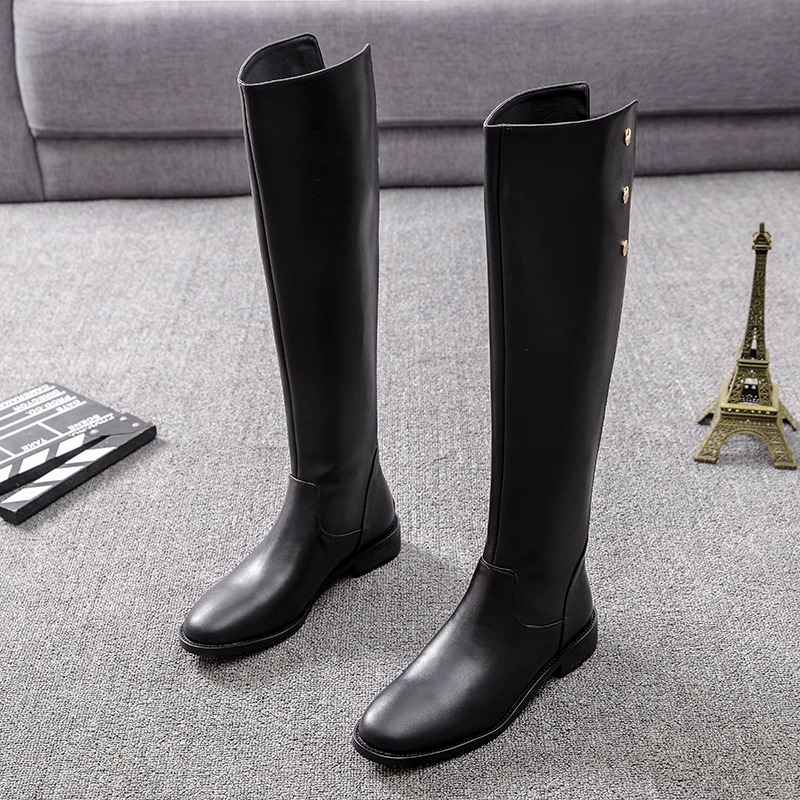 Women's Genuine Leather Punk Rivet Chunky Heel Knee High Boots with Zipper and Buckle Detail – Round Toe Biker Style