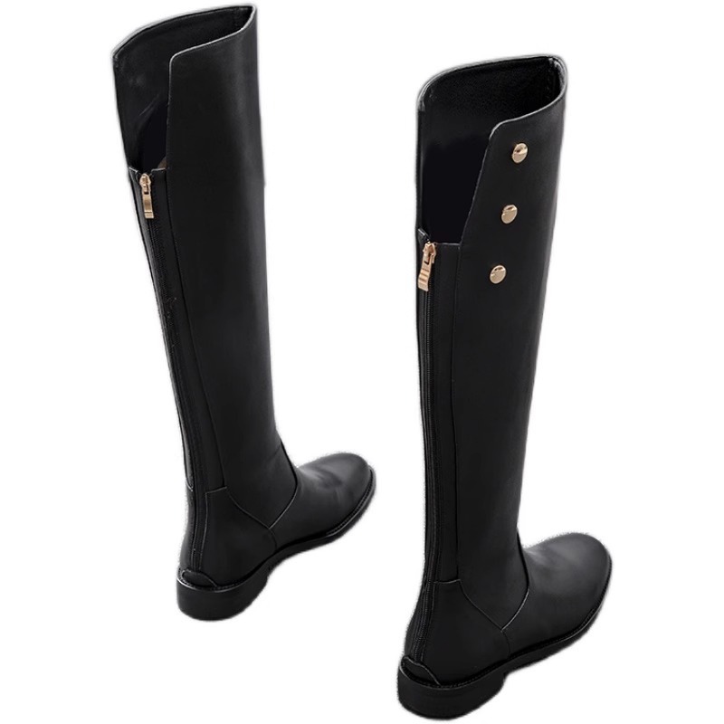 Women's Genuine Leather Punk Rivet Chunky Heel Knee High Boots with Zipper and Buckle Detail – Round Toe Biker Style