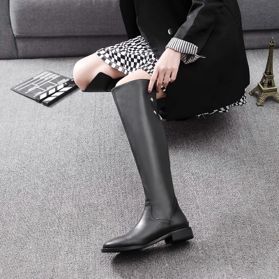 Women's Genuine Leather Punk Rivet Chunky Heel Knee High Boots with Zipper and Buckle Detail – Round Toe Biker Style 01