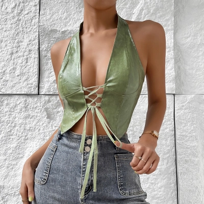 Women's Low-Cut Halter Neck PU Crop Vest with Tie Straps – Streetwear Style Bralette 01