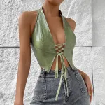 Women's Low-Cut Halter Neck PU Crop Vest with Tie Straps – Streetwear Style Bralette