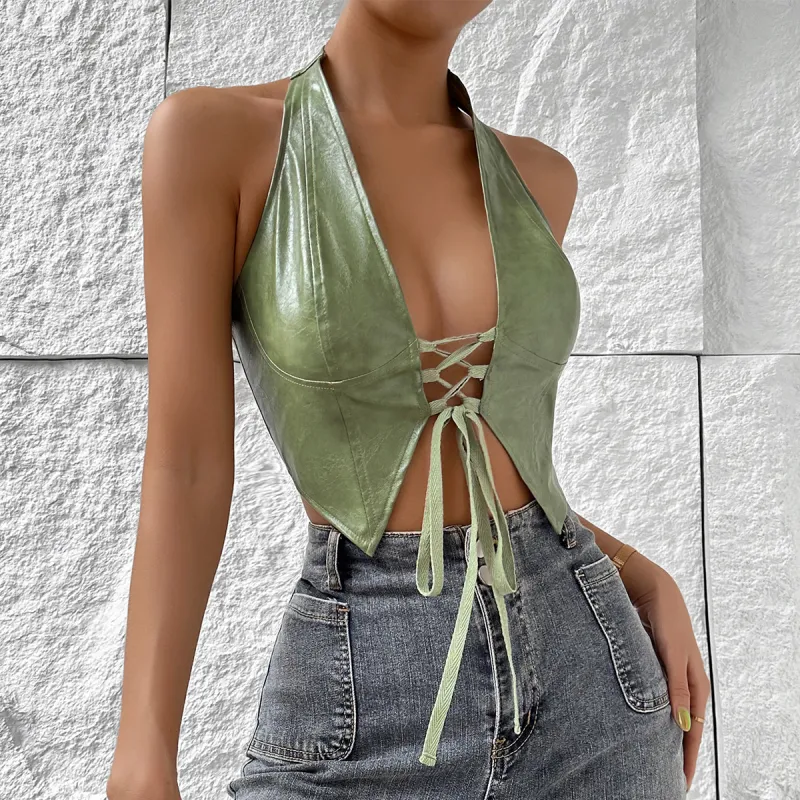 Women's Low-Cut Halter Neck PU Crop Vest with Tie Straps – Streetwear Style Bralette