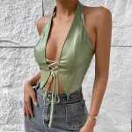 Women's Low-Cut Halter Neck PU Crop Vest with Tie Straps – Streetwear Style Bralette
