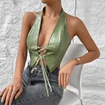 Women's Low-Cut Halter Neck PU Crop Vest with Tie Straps – Streetwear Style Bralette