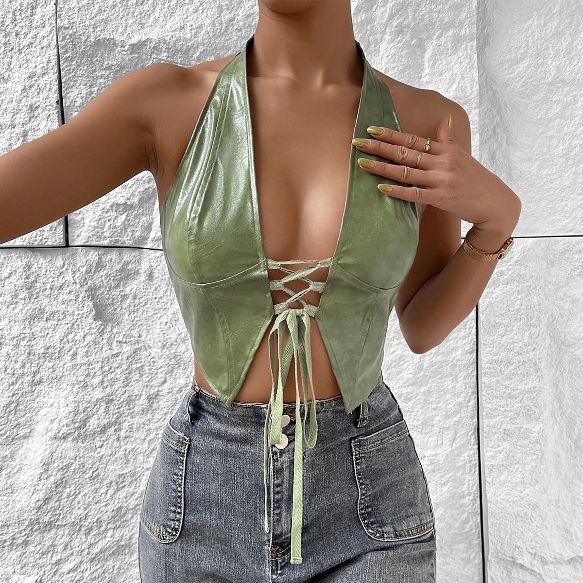Women's Low-Cut Halter Neck PU Crop Vest with Tie Straps – Streetwear Style Bralette