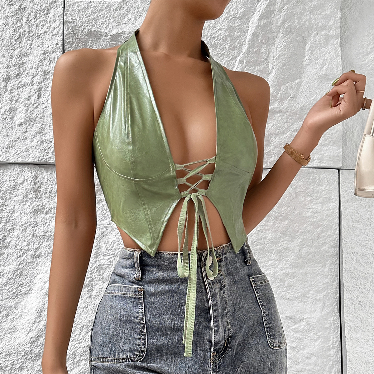 Women's Low-Cut Halter Neck PU Crop Vest with Tie Straps – Streetwear Style Bralette