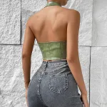 Women's Low-Cut Halter Neck PU Crop Vest with Tie Straps – Streetwear Style Bralette