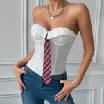 Women's Sexy Low V-Neck Satin Business Style Crop Top with Fishbone & Wire Support – Halter Neck Bralette for Office & Night Out