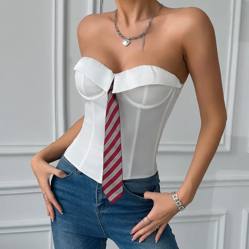 Women's Sexy Low V-Neck Satin Business Style Crop Top with Fishbone & Wire Support – Halter Neck Bralette for Office & Night Out