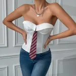 Women's Sexy Low V-Neck Satin Business Style Crop Top with Fishbone & Wire Support – Halter Neck Bralette for Office & Night Out
