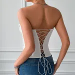 Women's Sexy Low V-Neck Satin Business Style Crop Top with Fishbone & Wire Support – Halter Neck Bralette for Office & Night Out