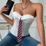 Women's Sexy Low V-Neck Satin Business Style Crop Top with Fishbone & Wire Support – Halter Neck Bralette for Office & Night Out