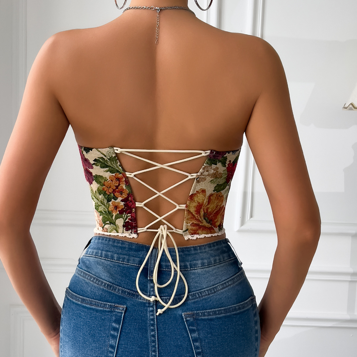 Women's Vintage Floral Wrap Crop Top with Lace Trim & Fishbone Structure – French Style Bralette