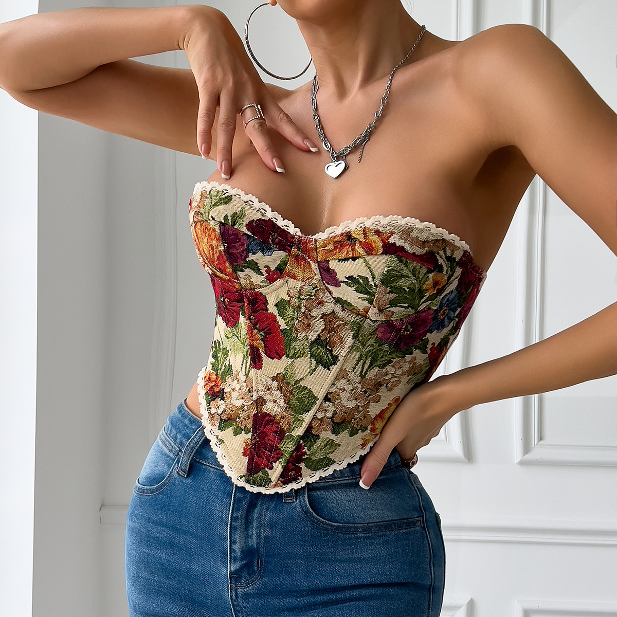 Women's Vintage Floral Wrap Crop Top with Lace Trim & Fishbone Structure – French Style Bralette