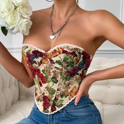 Women's Vintage Floral Wrap Crop Top with Lace Trim & Fishbone Structure – French Style Bralette 01