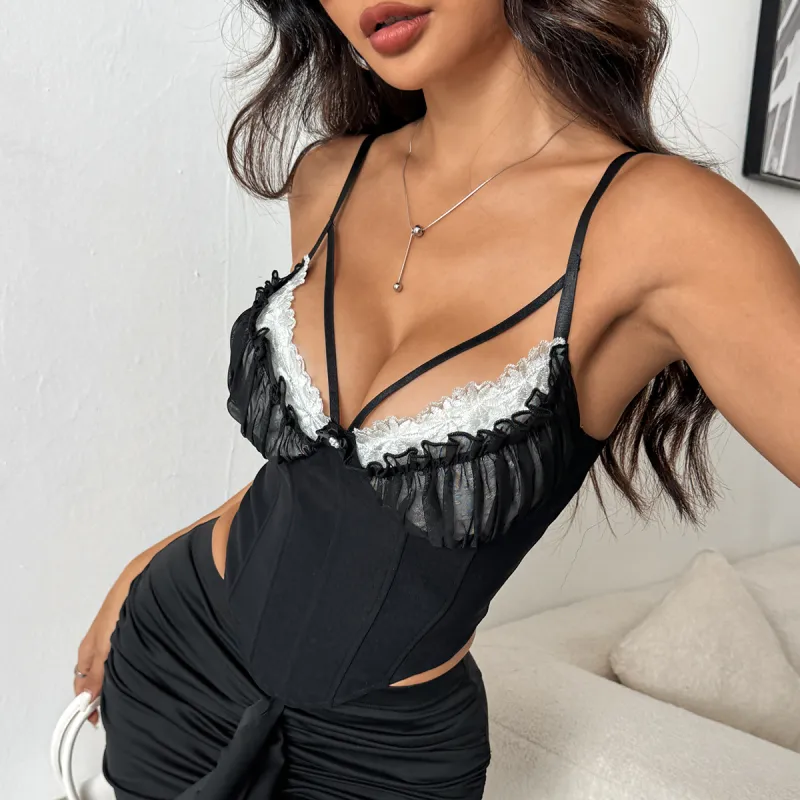 Black Sexy Mesh & Lace Trim Fishbone Corset Crop Top with Open Back – Trendy Bralette for Women
