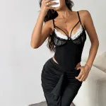 Black Sexy Mesh & Lace Trim Fishbone Corset Crop Top with Open Back – Trendy Bralette for Women