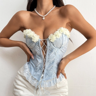Women's Embroidered Floral Lace Crop Top with Fishbone Structure – Handmade Flower Detail Bralette 01