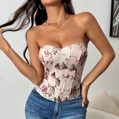 Women's Sexy Low-Cut Backless Floral Crop Top with Diamond Fishbone Corset – Trendy Bralette for Club & Festival 01