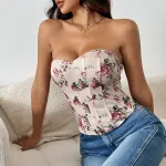 Women's Sexy Low-Cut Backless Floral Crop Top with Diamond Fishbone Corset – Trendy Bralette for Club & Festival
