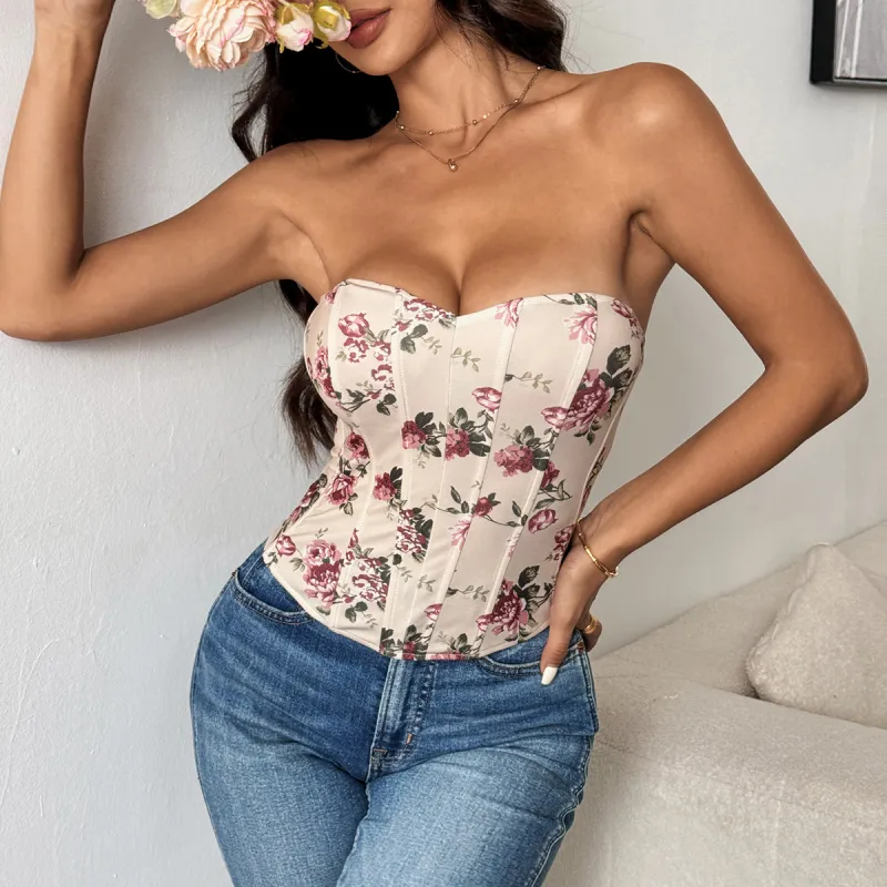 Women's Sexy Low-Cut Backless Floral Crop Top with Diamond Fishbone Corset – Trendy Bralette for Club & Festival