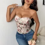 Women's Sexy Low-Cut Backless Floral Crop Top with Diamond Fishbone Corset – Trendy Bralette for Club & Festival