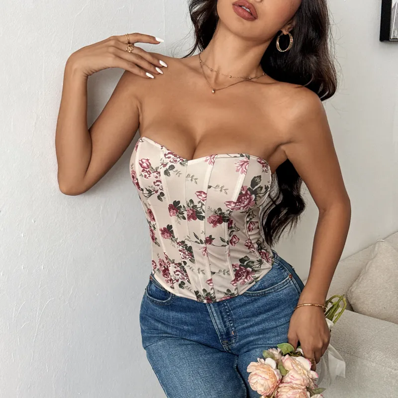 Women's Sexy Low-Cut Backless Floral Crop Top with Diamond Fishbone Corset – Trendy Bralette for Club & Festival
