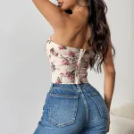 Women's Sexy Low-Cut Backless Floral Crop Top with Diamond Fishbone Corset – Trendy Bralette for Club & Festival