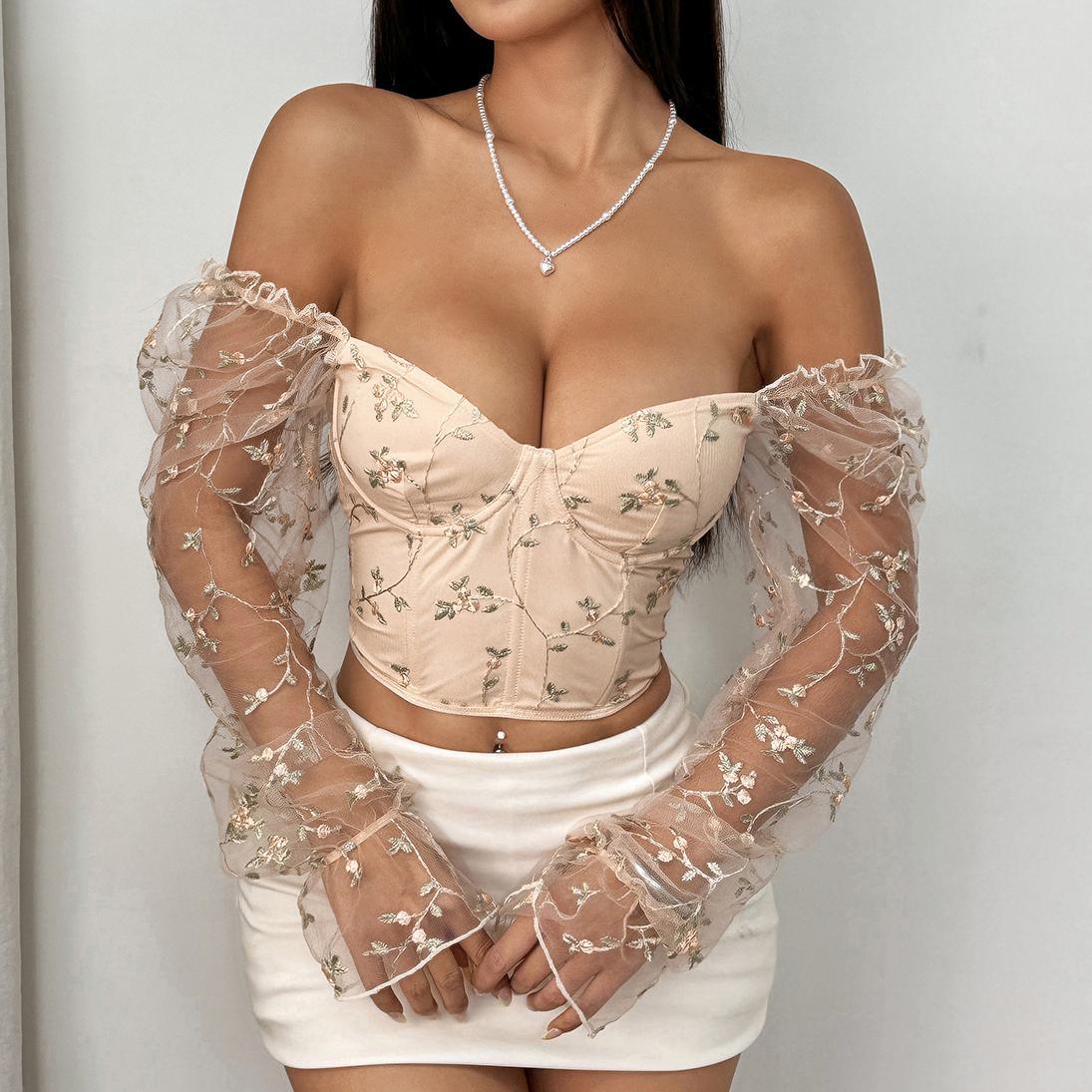 Embroidered Mesh Patchwork Long Sleeve Crop Top with Underwire & Corset Back for Women – Edgy & Sexy Fashion Blouse