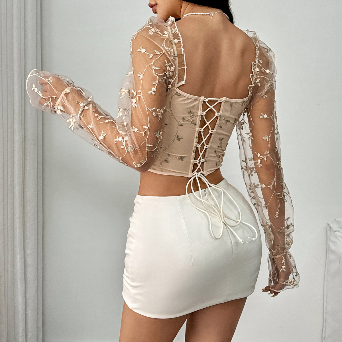 Embroidered Mesh Patchwork Long Sleeve Crop Top with Underwire & Corset Back for Women – Edgy & Sexy Fashion Blouse
