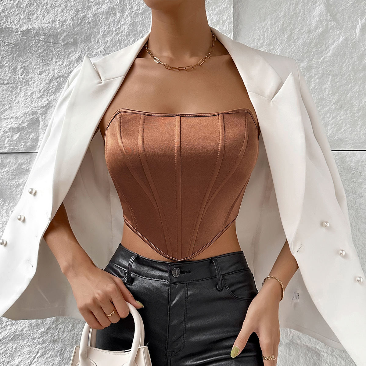 Shiny Strapless Rhombus Cut-Out Crop Top with Waist Cincher & Backless Design – European Fishbone Support