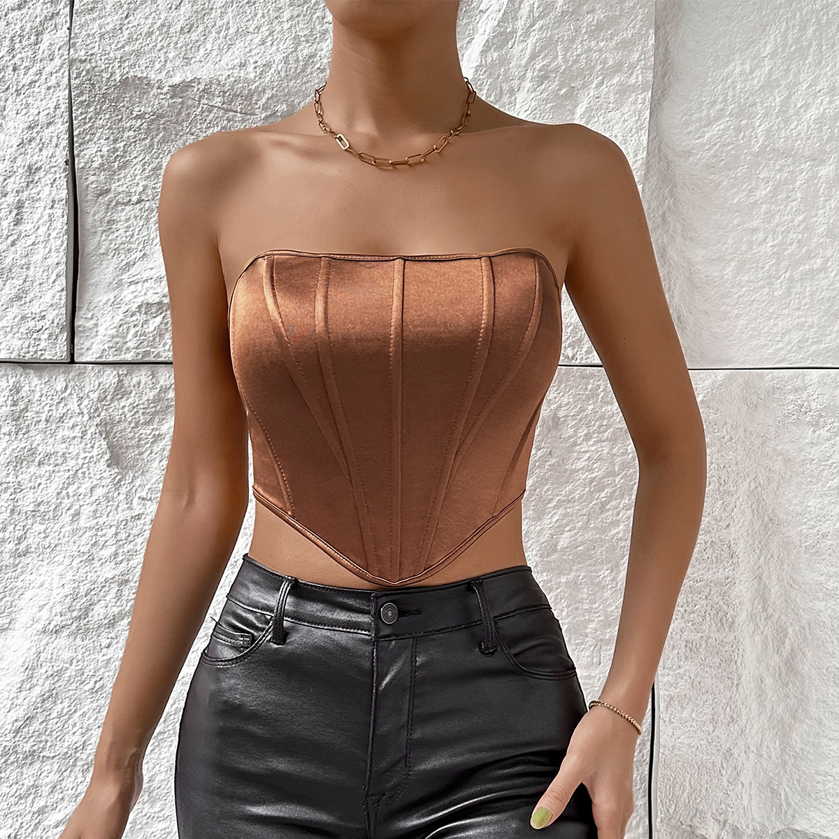 Shiny Strapless Rhombus Cut-Out Crop Top with Waist Cincher & Backless Design – European Fishbone Support