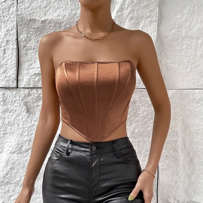 Shiny Strapless Rhombus Cut-Out Crop Top with Waist Cincher & Backless Design – European Fishbone Support 01