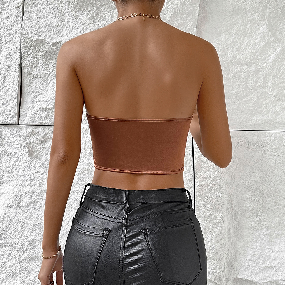 Shiny Strapless Rhombus Cut-Out Crop Top with Waist Cincher & Backless Design – European Fishbone Support