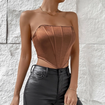 Shiny Strapless Rhombus Cut-Out Crop Top with Waist Cincher & Backless Design – European Fishbone Support 02