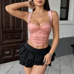 Women's Sexy Sheer Mesh Crop Top with Contrasting Color Panel & Fishbone Corset Structure