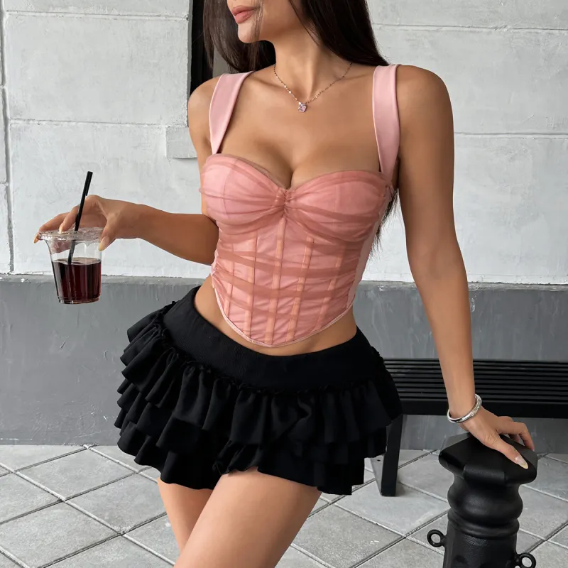 Women's Sexy Sheer Mesh Crop Top with Contrasting Color Panel & Fishbone Corset Structure