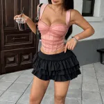Women's Sexy Sheer Mesh Crop Top with Contrasting Color Panel & Fishbone Corset Structure
