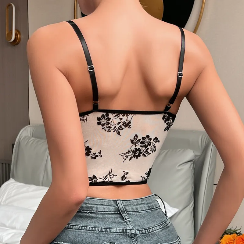 Women's Deep V Neck Velvet Bra Top with Embroidery, Fishbone & Wire Support – Elegant Sexy Crop Vest for Party & Streetwear