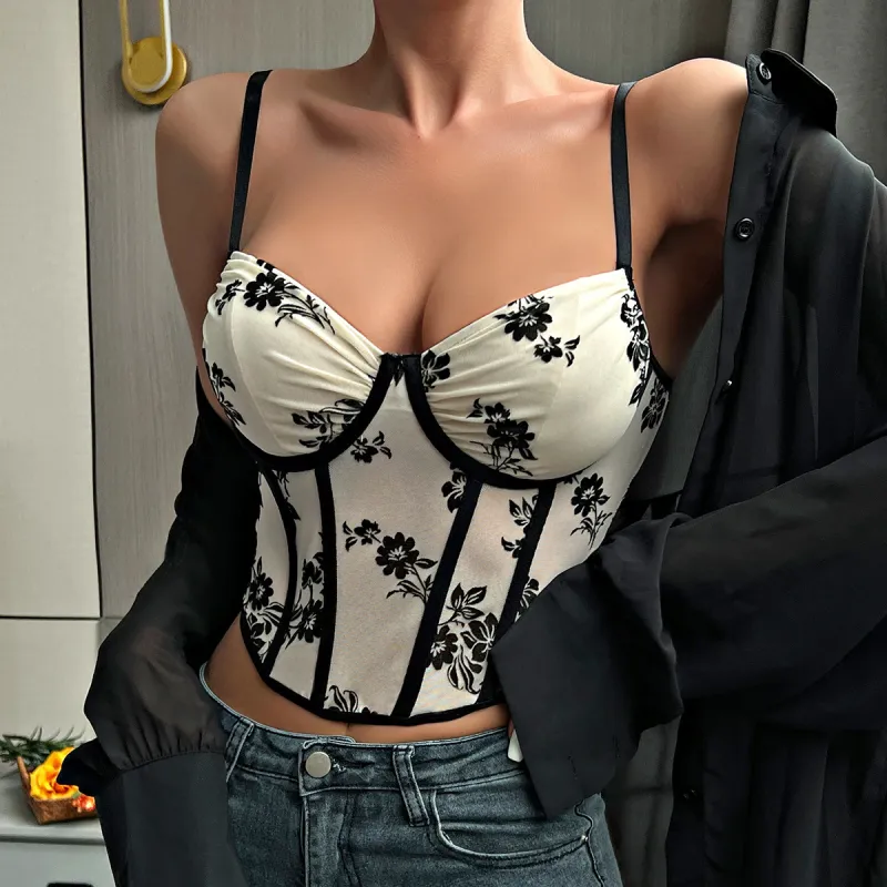 Women's Deep V Neck Velvet Bra Top with Embroidery, Fishbone & Wire Support – Elegant Sexy Crop Vest for Party & Streetwear
