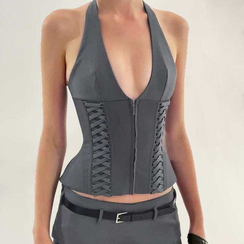 French Halter Neck Fishbone Waist Cinching Crop Top with Tie Straps & Zipper – Sexy Deep V Backless Vest for Fashionable Women