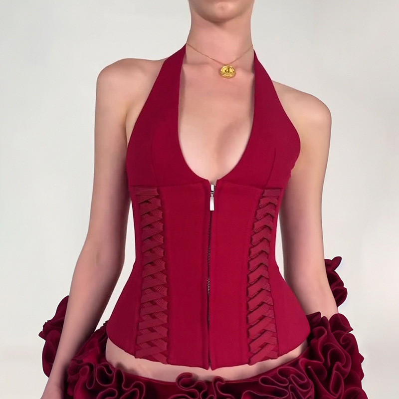 French Halter Neck Fishbone Waist Cinching Crop Top with Tie Straps & Zipper – Sexy Deep V Backless Vest for Fashionable Women