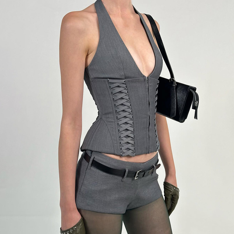 French Halter Neck Fishbone Waist Cinching Crop Top with Tie Straps & Zipper – Sexy Deep V Backless Vest for Fashionable Women